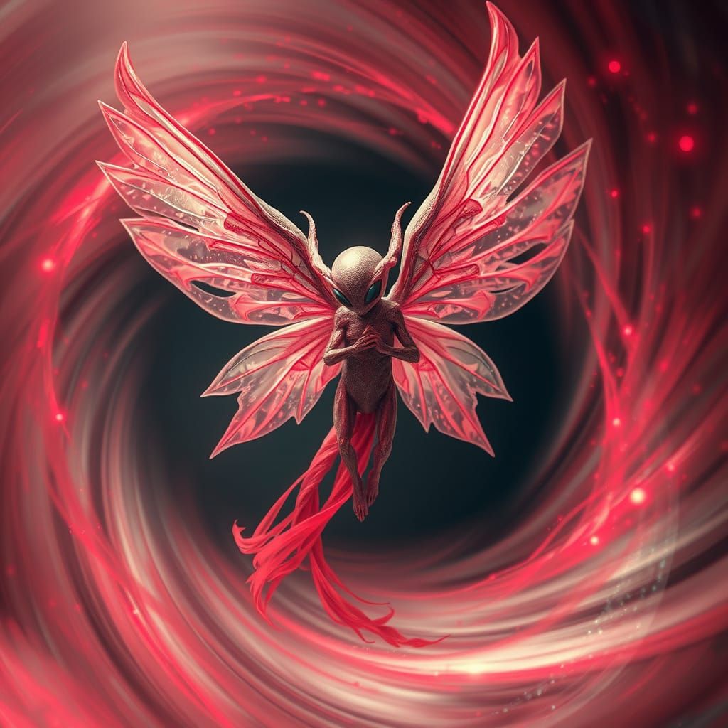 Winged Fetus in Crimson Vortex, Futuristic Style