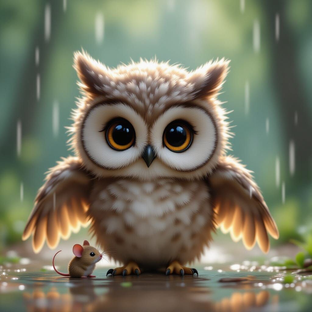 Adorable Owl Shelters Mouse From Rain in CGI Style