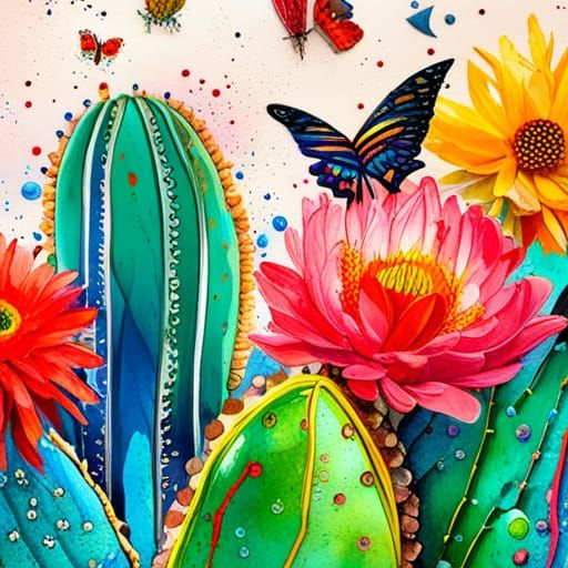 Cactus with Butterflies in Mixed Media Collage
