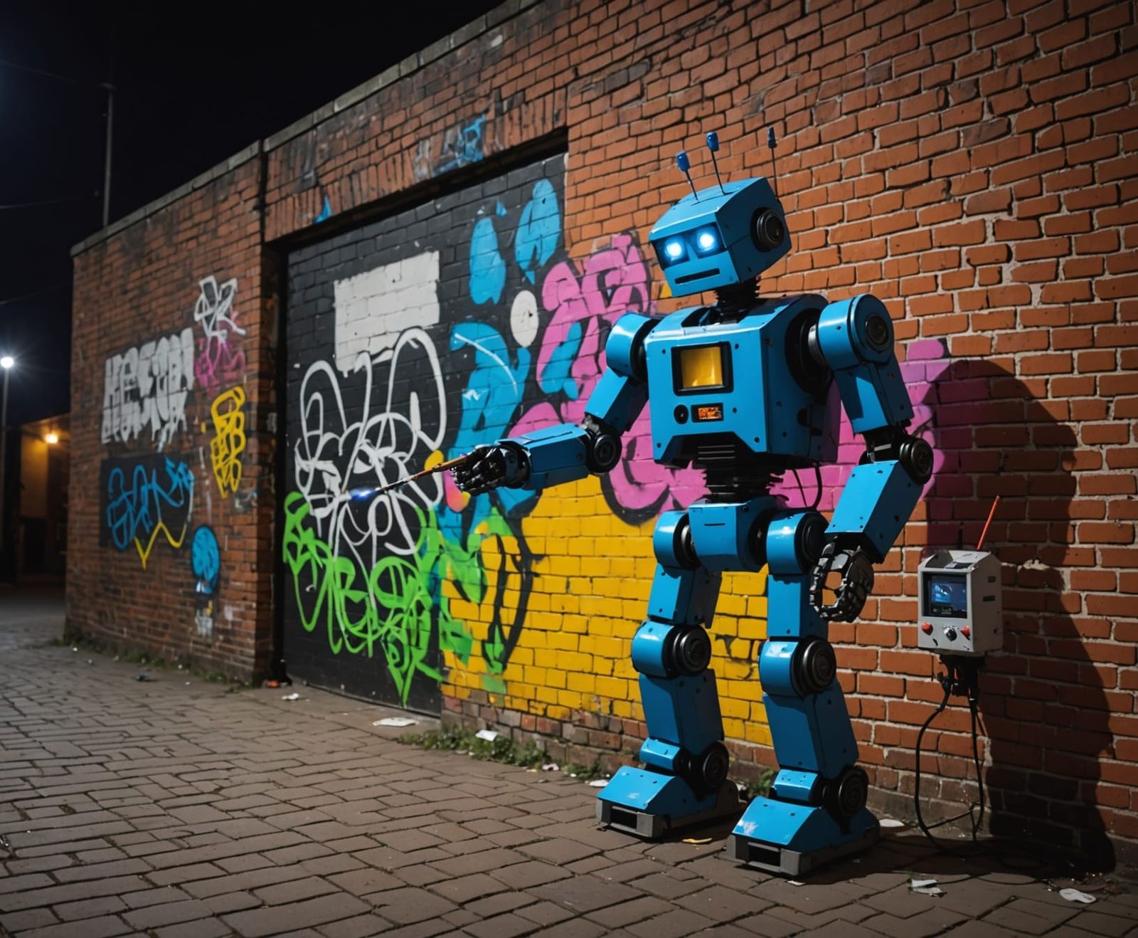 Robot Graffiti Artist at Work, Night Scene
