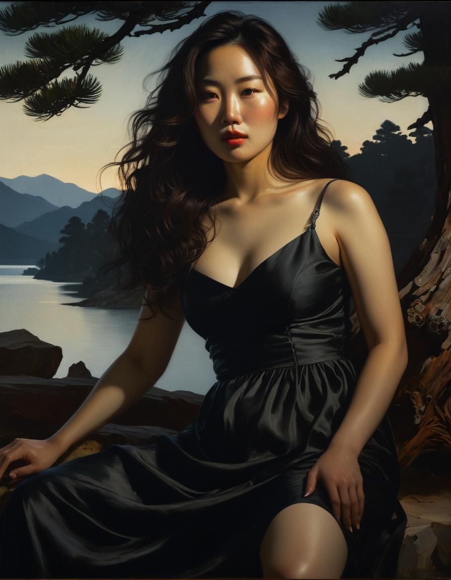 Korean Woman Lounging by Lake in Chiaroscuro Oil Painting