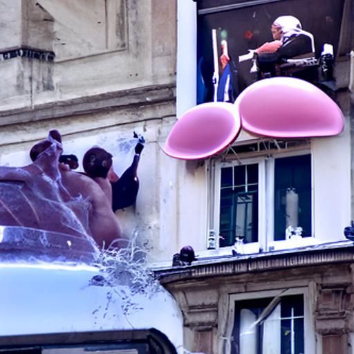 "French Citizens Throwing a Bathtub Through the President of France's Front Window in Protest" But With Vibrators