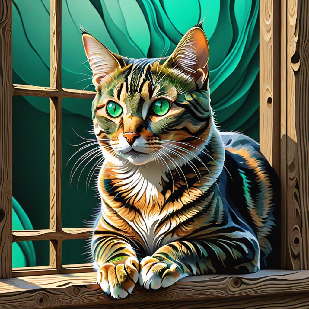 Emerald-Eyed Tabby Cat on Windowsill with Abstract Elements