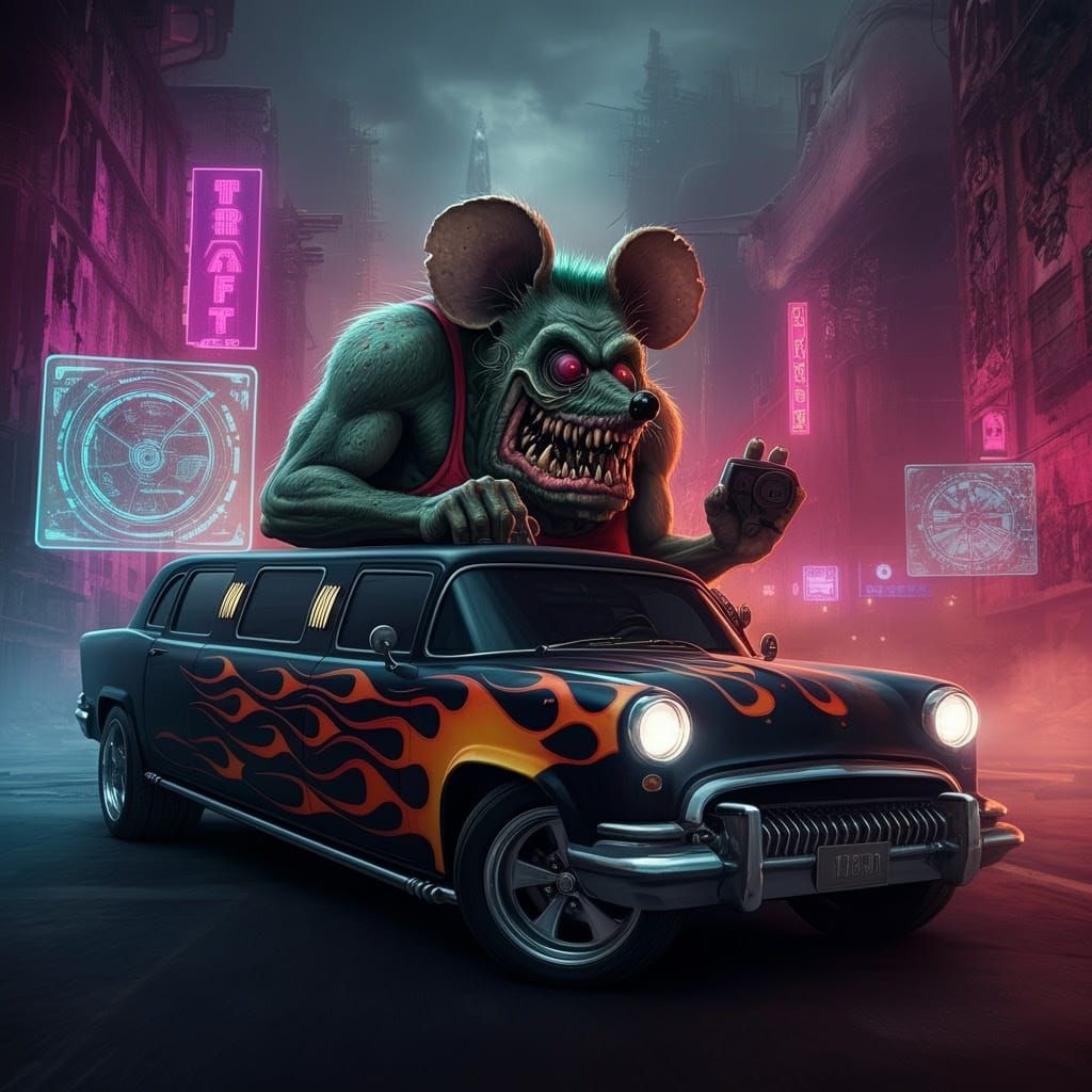 Cyberpunk Rat Fink Cruises Through Gritty City Streets