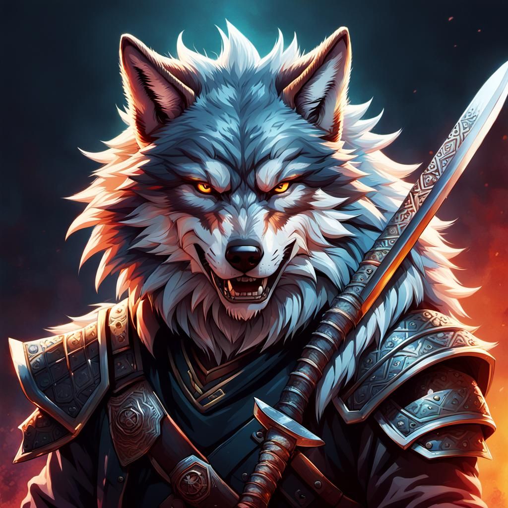 Wolf-Human Hybrid with Katana: Hyperrealistic Concept Art