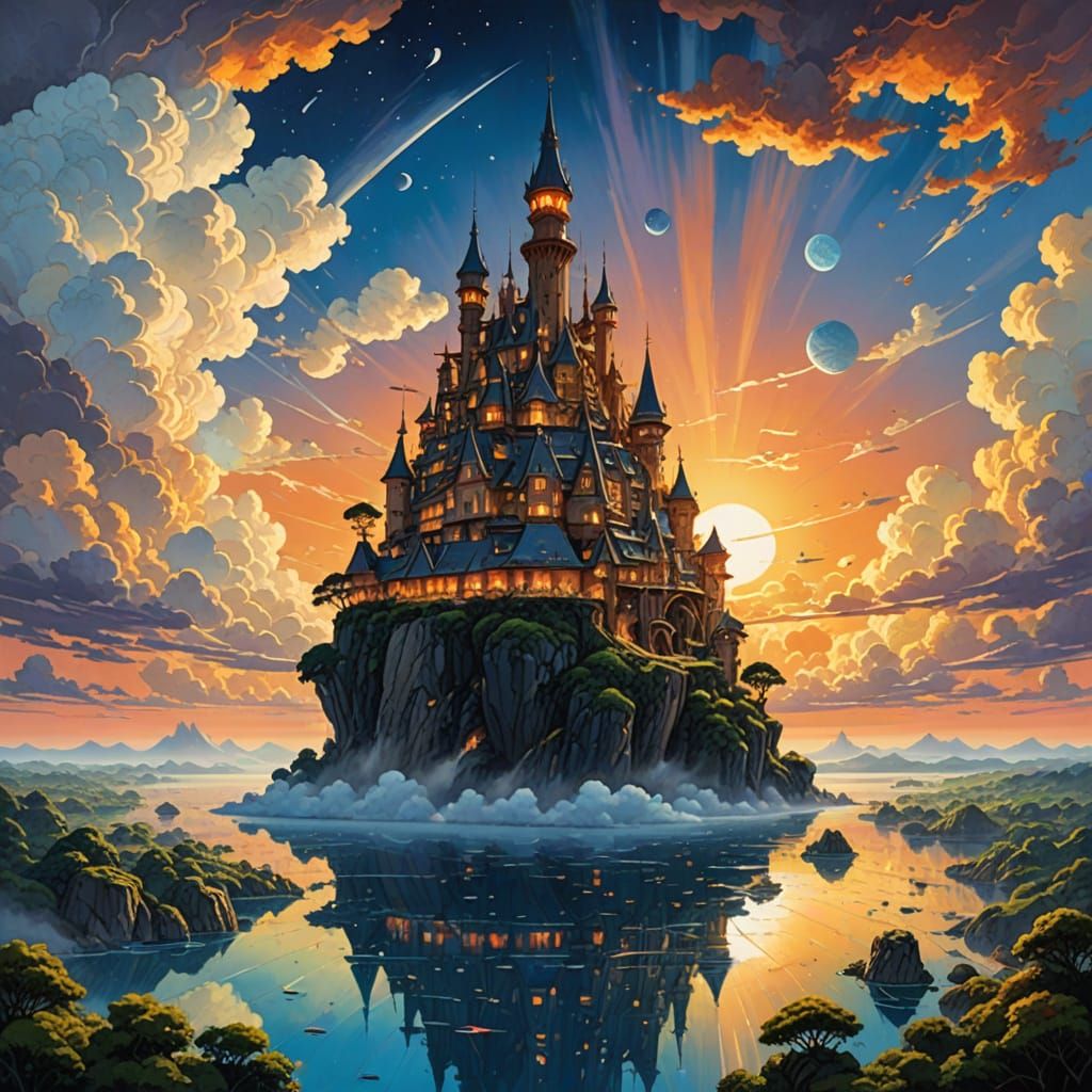 Floating City at Sunset with Giant Birds: Miyazaki Style