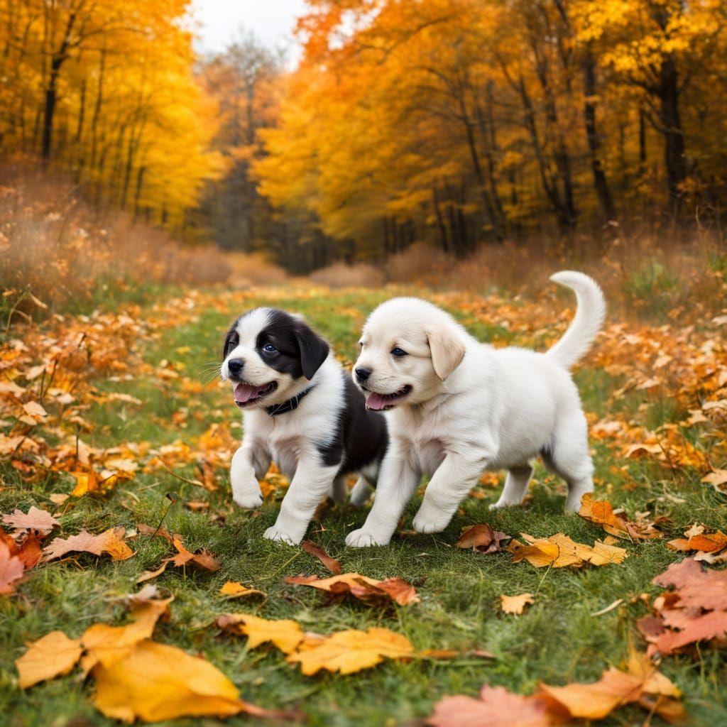 Adorable Puppies Frolic in Vibrant Autumn Landscape