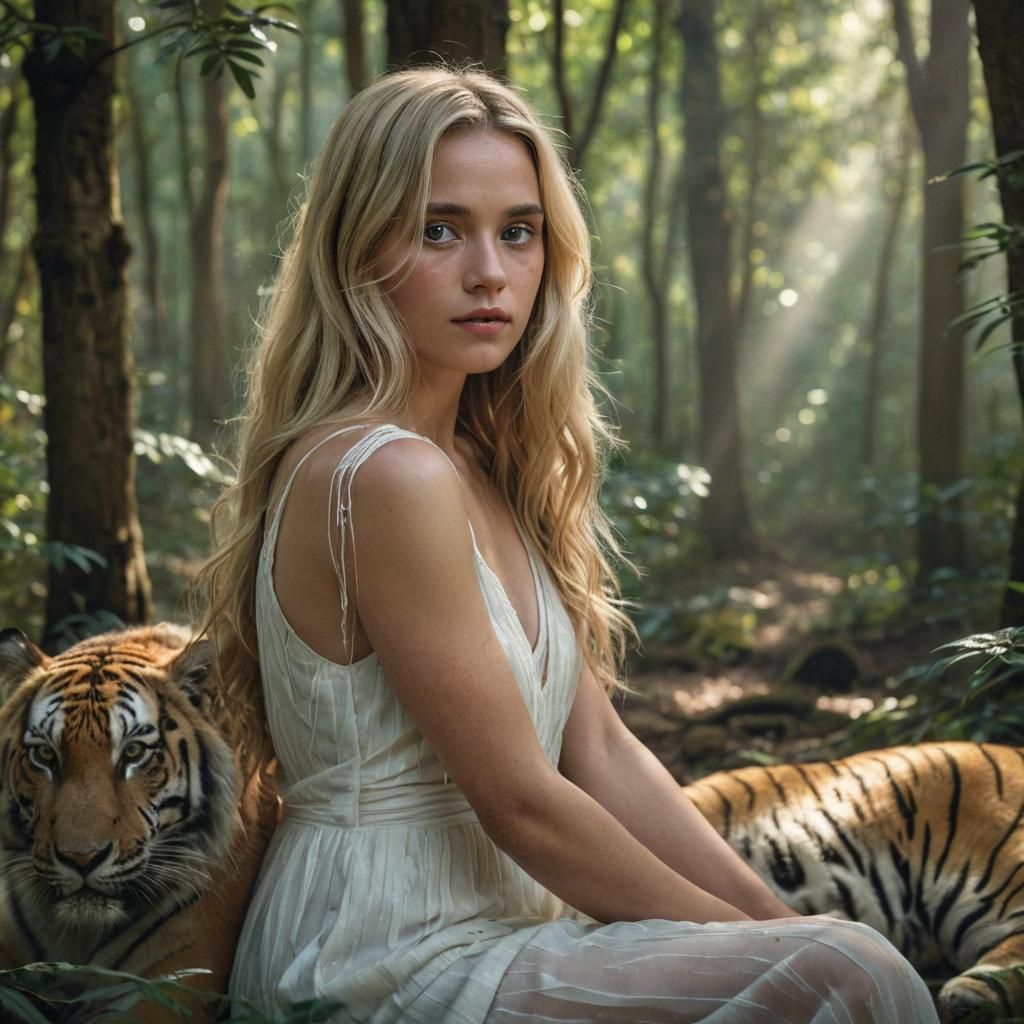 Woman Protected by Tiger in Forest: Photorealistic Portrait