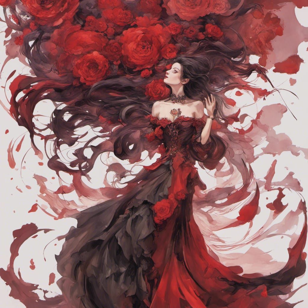 Impressionist Flamenco Dancers with Roses and Red Curtains