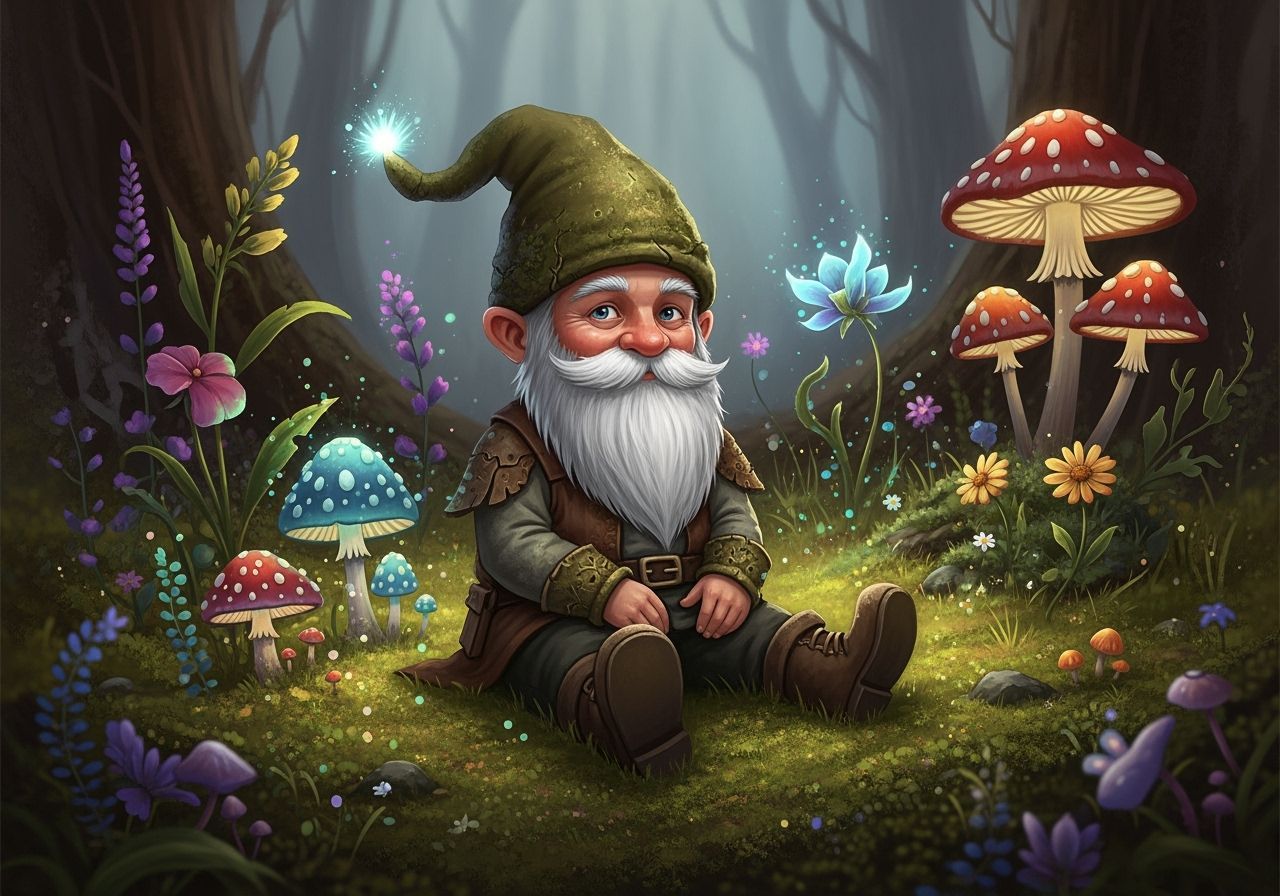 Whimsical Gnome in Enchanted Mushroom Forest