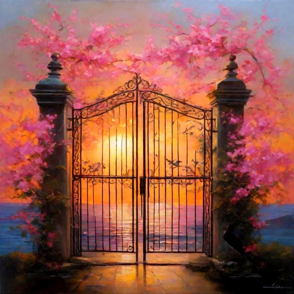 Ornate Gate to Sunset Vista with Pink Blossoms