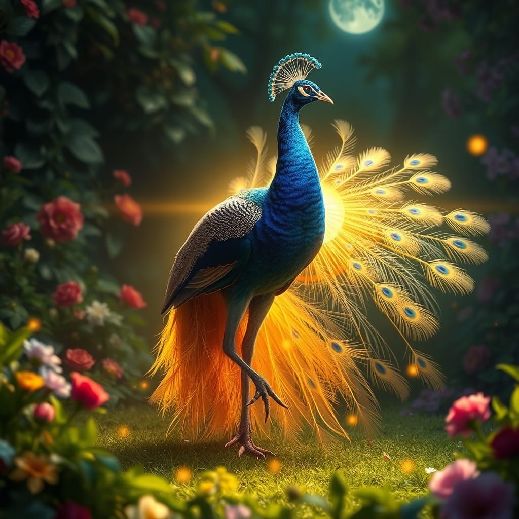 Golden Blue Peacock in Moonlit Garden