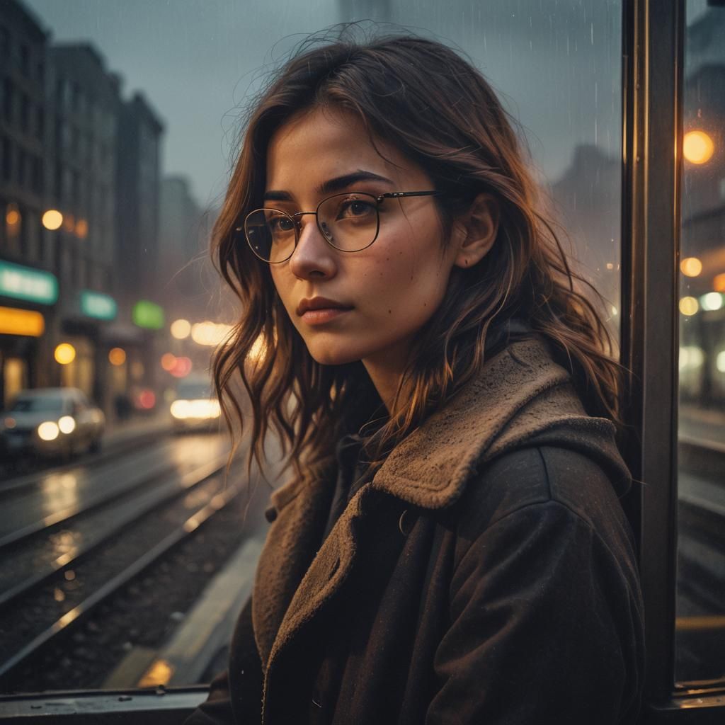 Girl by Train Window in Graphic Novel Style