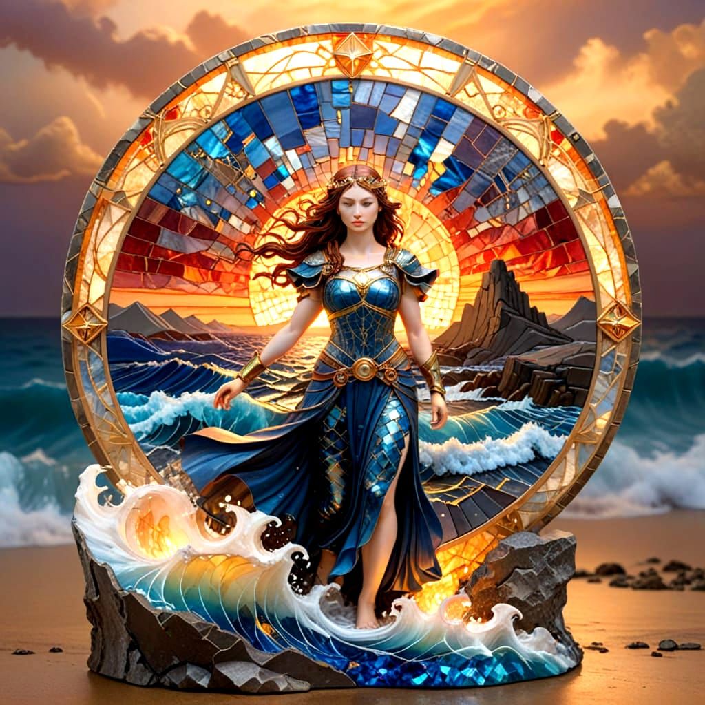 Elegant Ocean Sunset Kintsugi Mosaic in Vibrant Art Deco Sty...