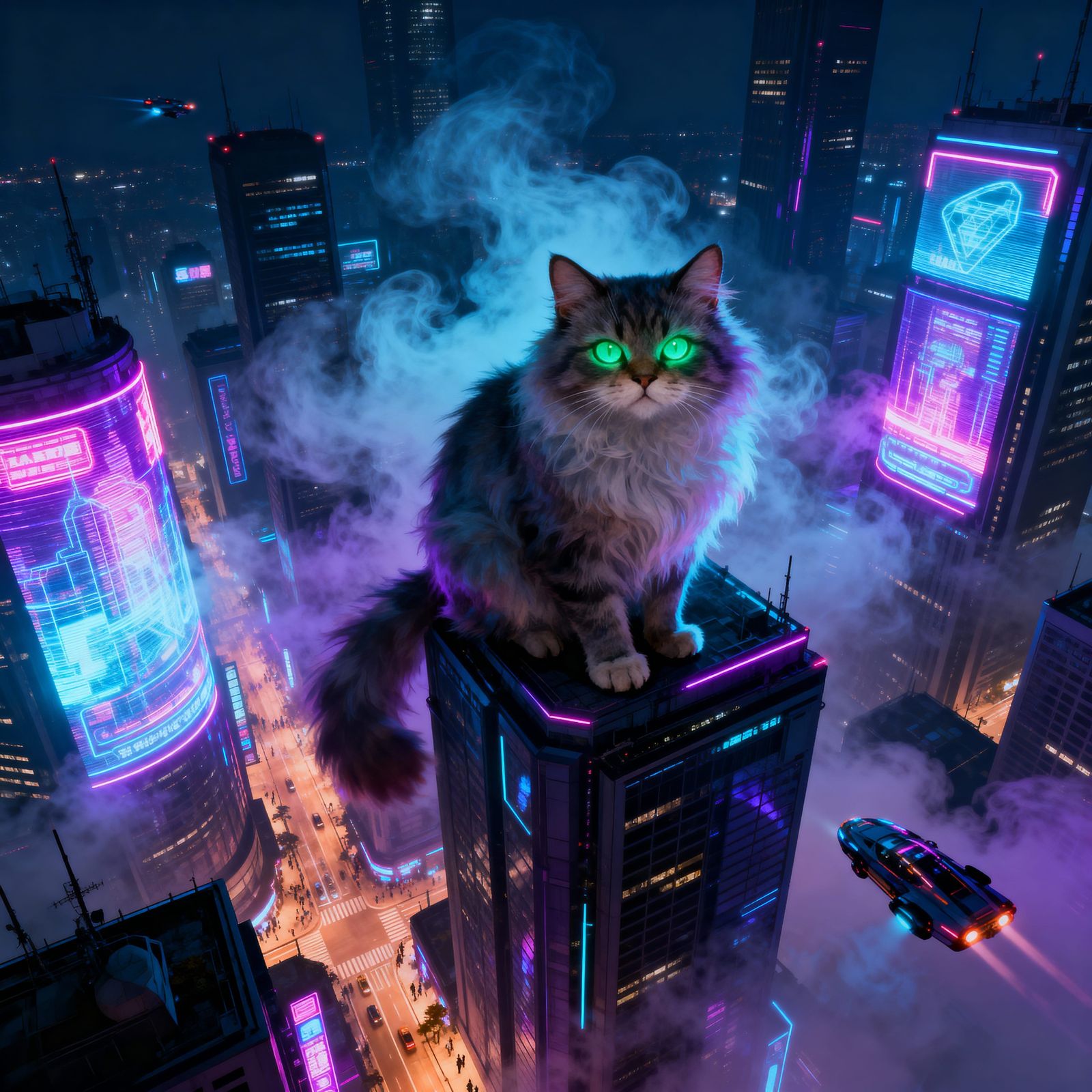 Mystical Cat Over Cyberpunk City at Night