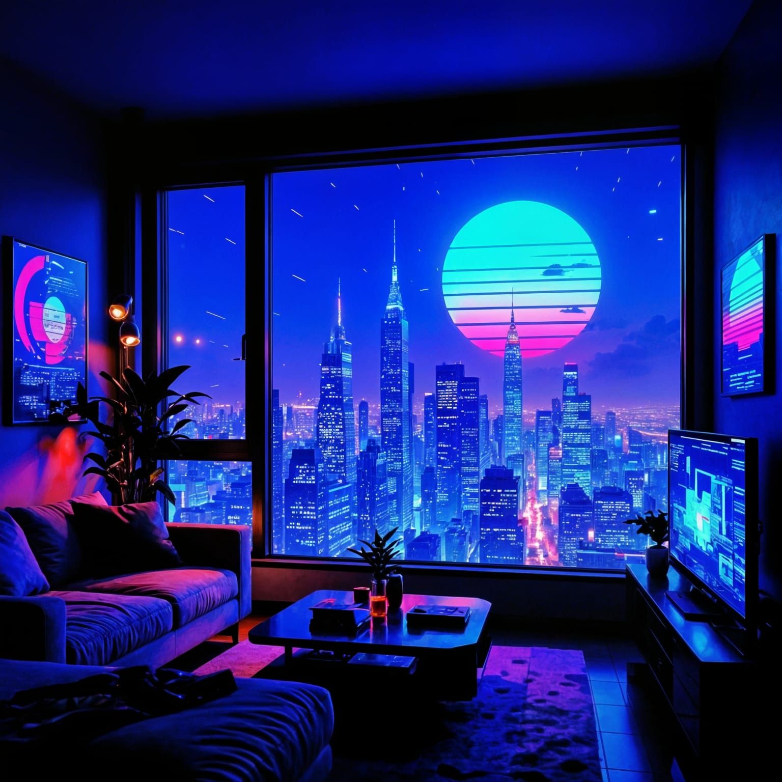 Sci-Fi Vaporwave Apartment with Futuristic City View