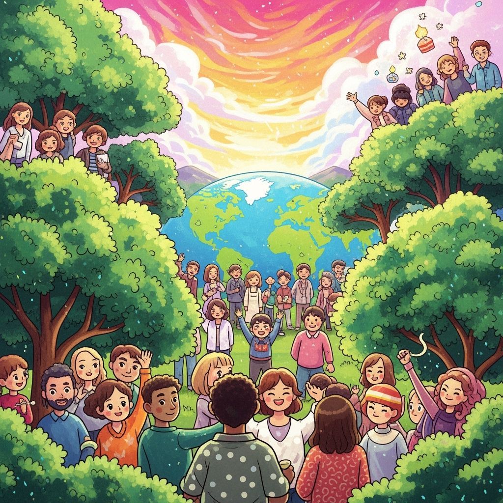 Joyful Gathering Under a Glowing Sky in Whimsical Style