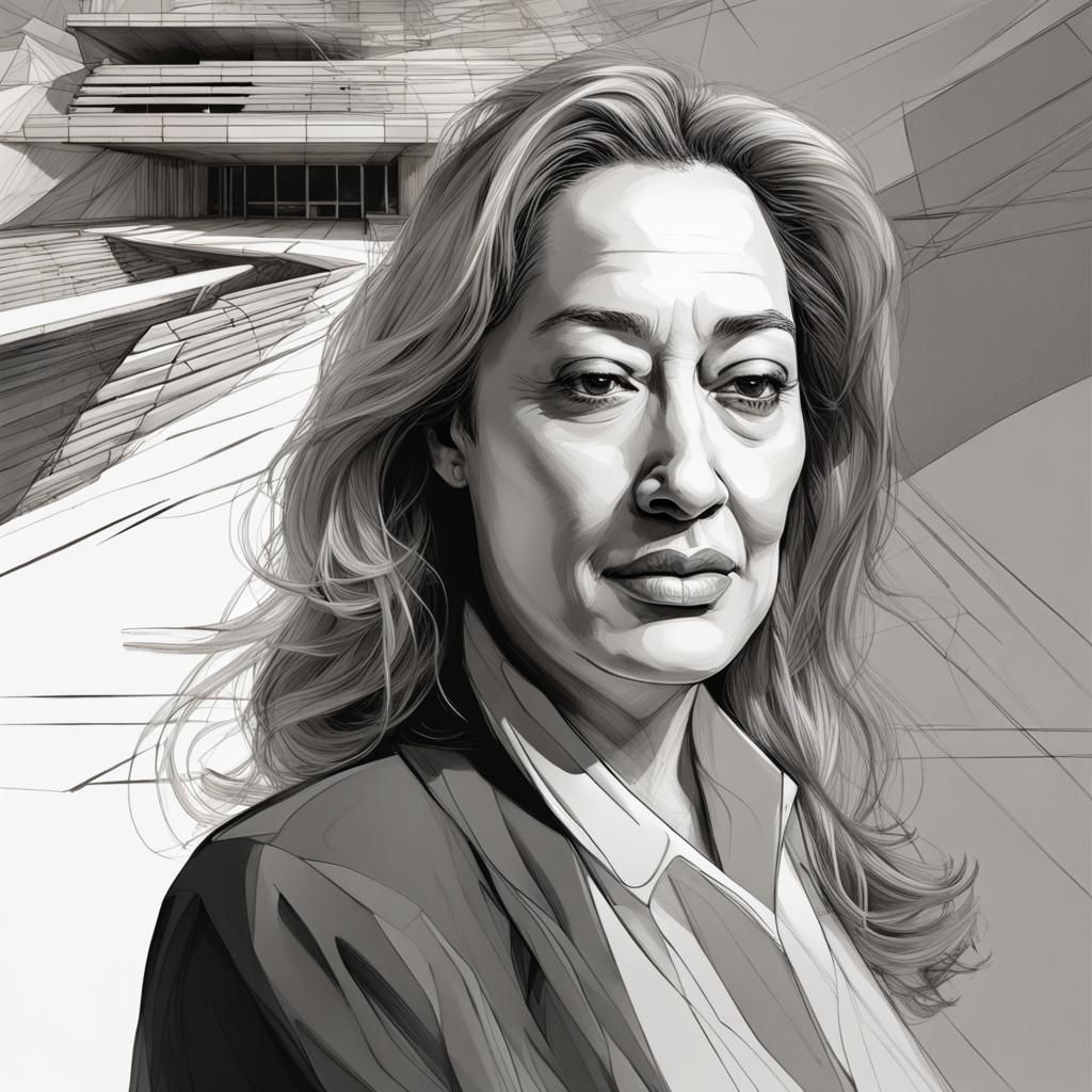 Zaha Hadid Portrait and Architectural Drawing