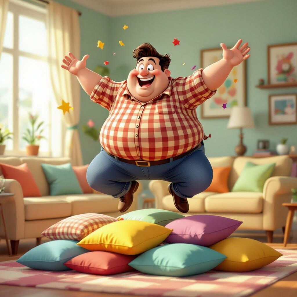 Jovial Man Leaping Joyfully in Cartoon Style