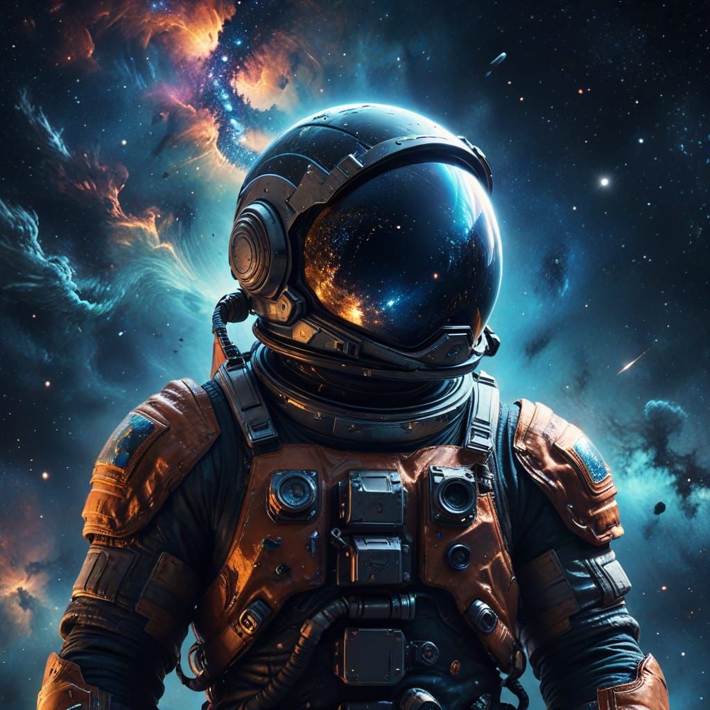 Astronaut Adrift in Nebula Reflecting Galaxy