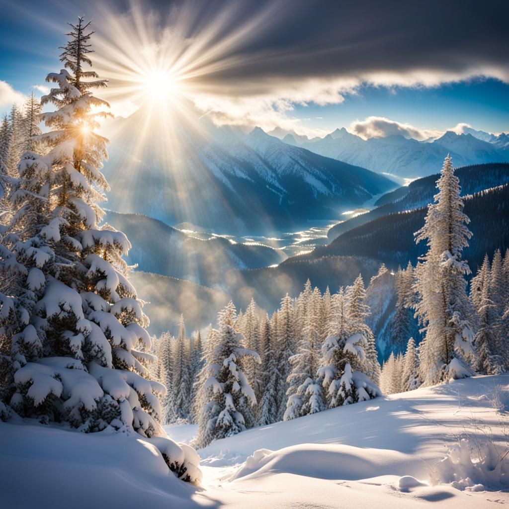 Snowstorm in Mountains with Divine Sunlight