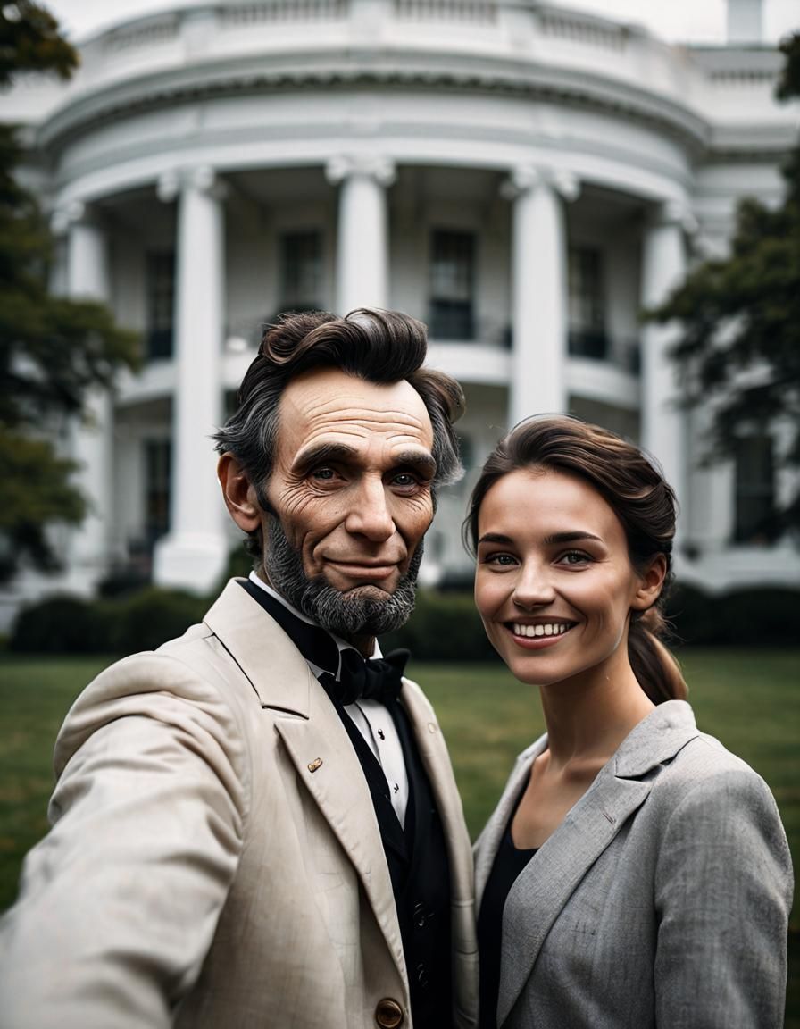 Lincoln Photobombs a Modern Selfie, Hyperrealistic Portrait