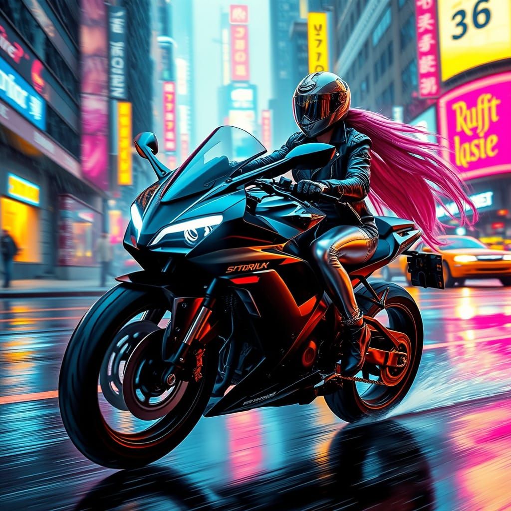 Neon-Lit Cyberpunk Biker Speeds Through Futuristic City
