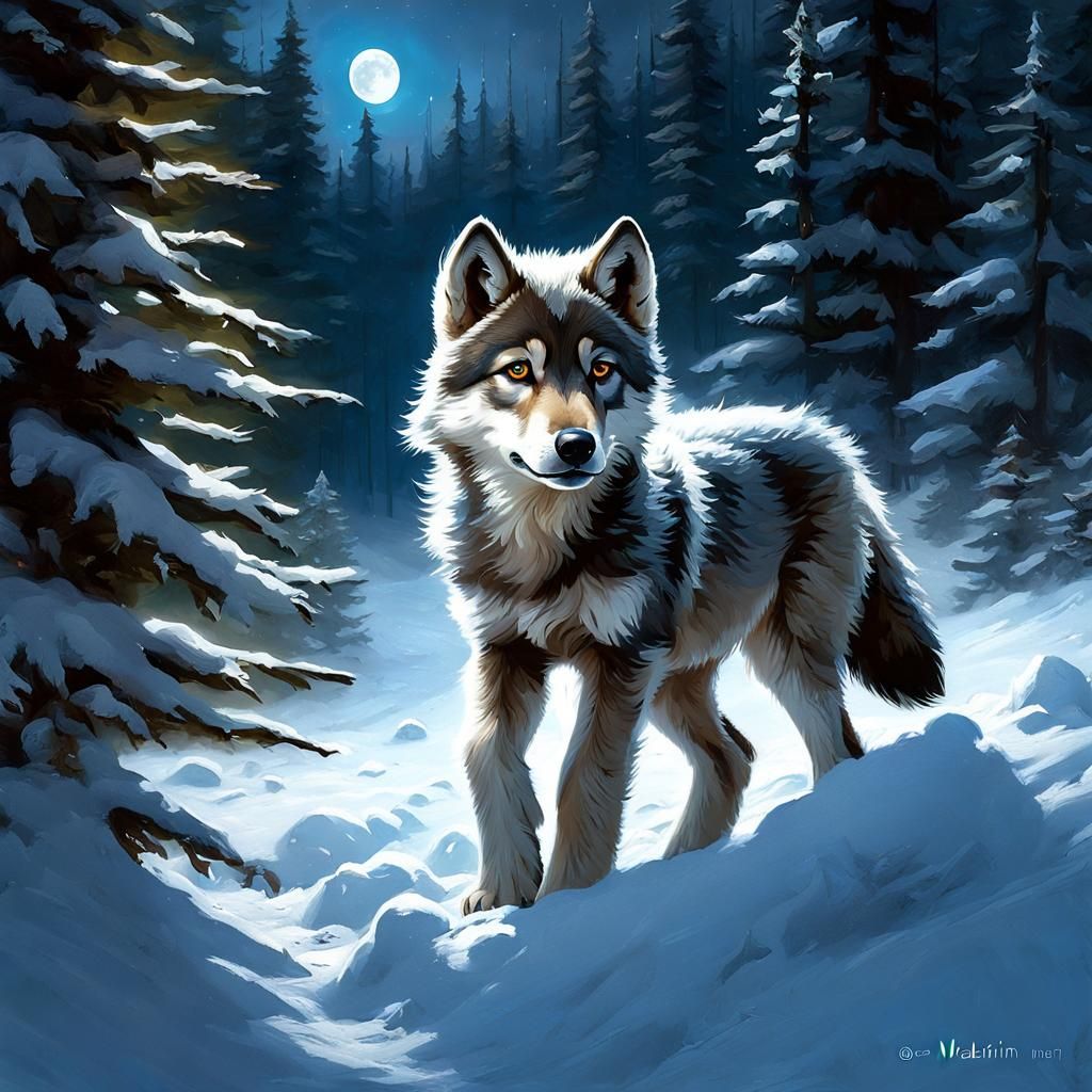 Adorable Wolf Pup Playing by Moonlight