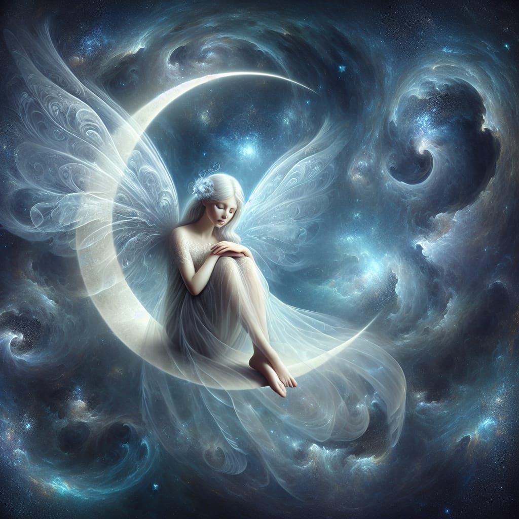 Ethereal Being on Crescent Moon in Cosmic Nebula
