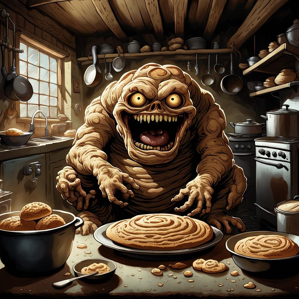 Grotesque Bread Monster in Dimly Lit Kitchen