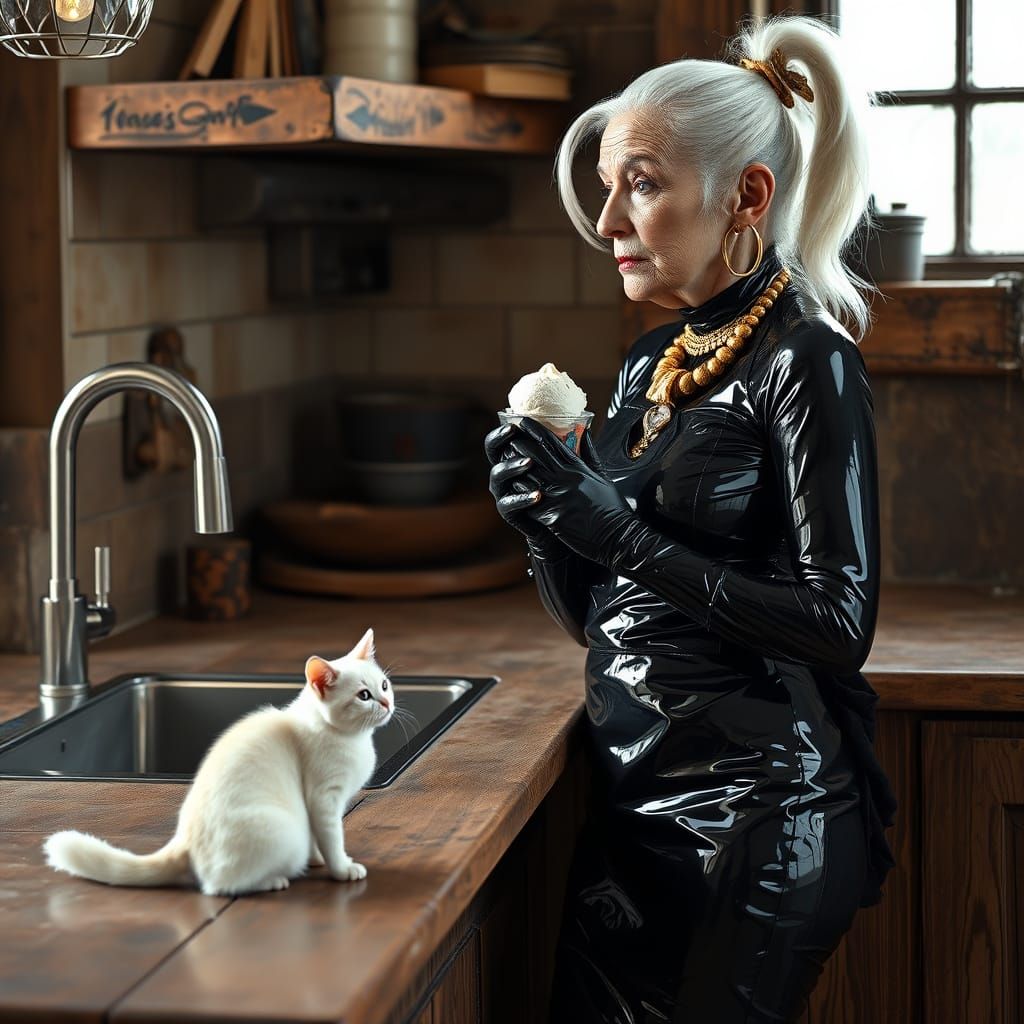 Elegant Woman in Catsuit with Cat, Futuristic Art