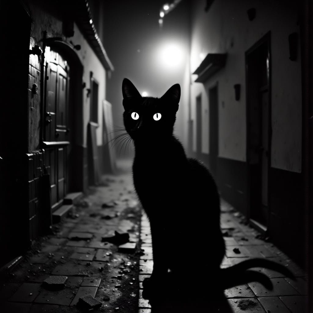 Sleek Shadow Cat Emerge from Dark Alleyway
