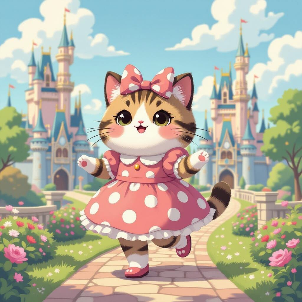 Pusheen Skips Through Whimsical Kingdom in Polka Dot Dress