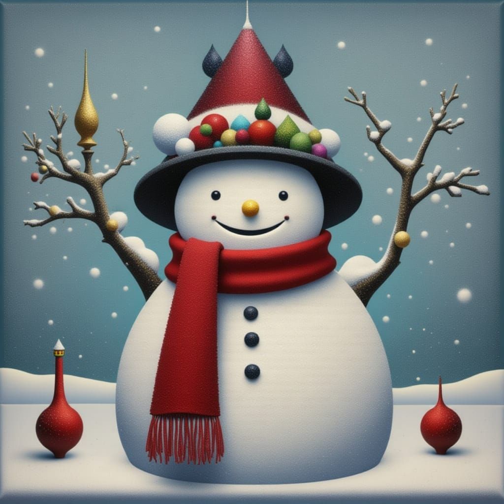 Folk Art Snowman in Winter Holiday Scene