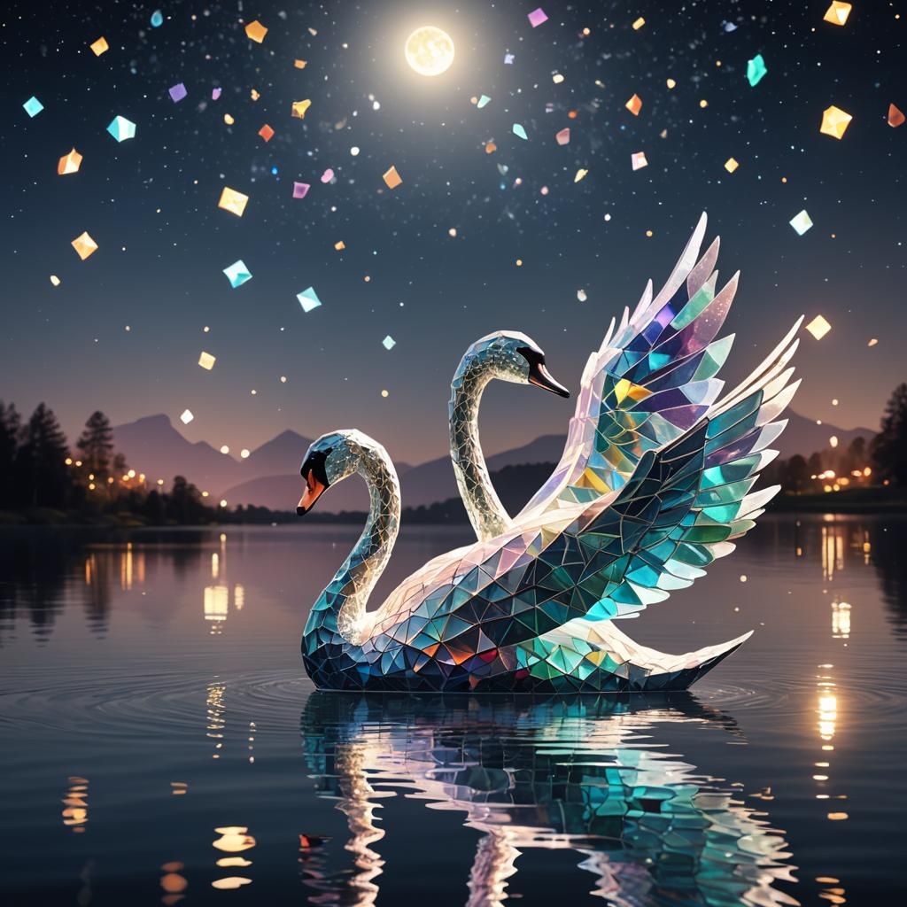 Iridescent Crystal Swan Gliding on Lake