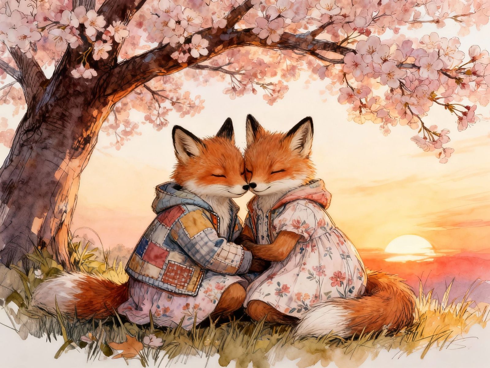 Two Fox Kits Snuggle Under Cherry Blossoms at Sunset