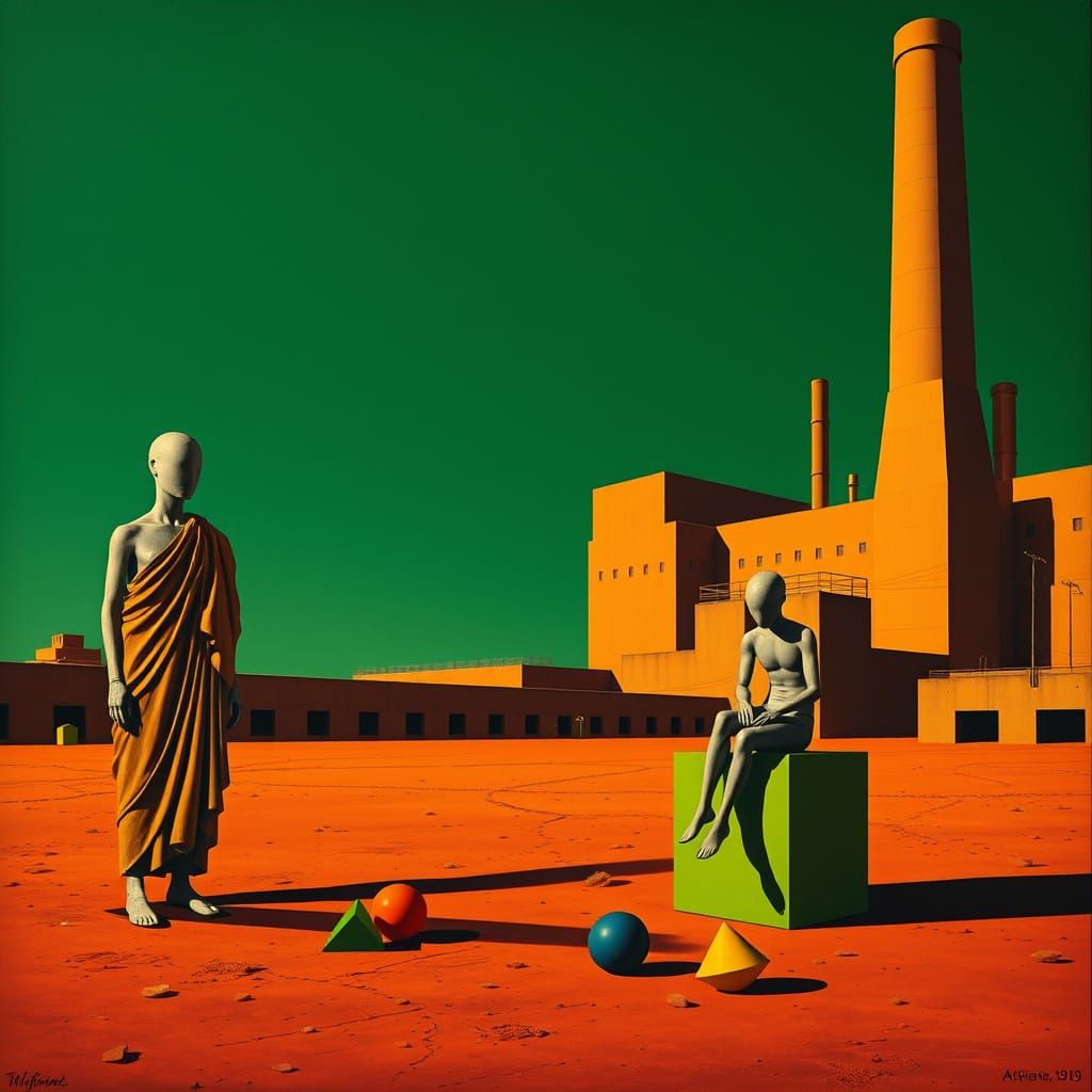 Surreal Architectural Landscape with Mannequin Figures