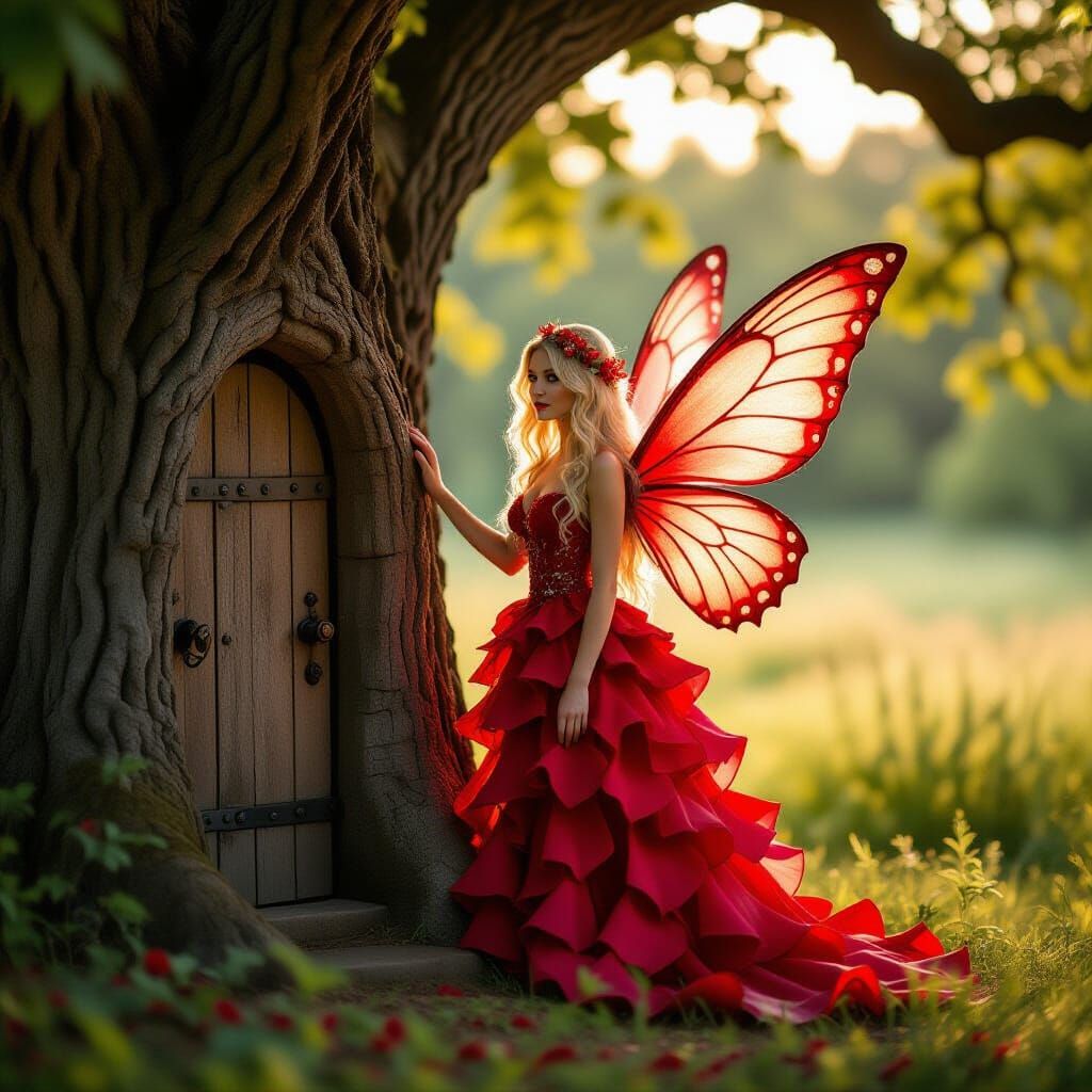 a captivating masterpiece inspired by classic fairy tales, featuring a beautiful blonde fairy with elegant red and ruby ...