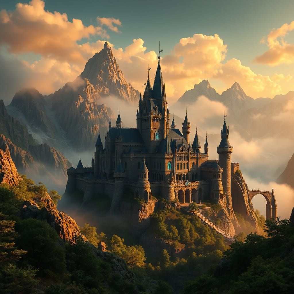 Epic High-Fantasy Castle Amidst Mystical Mountains