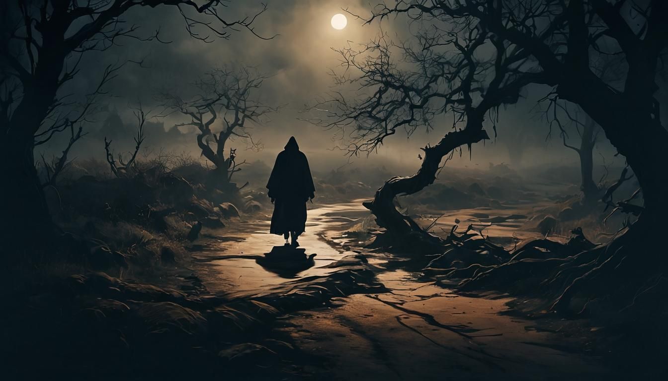 Eerie Figure on Misty Path: Gothic Oil Painting
