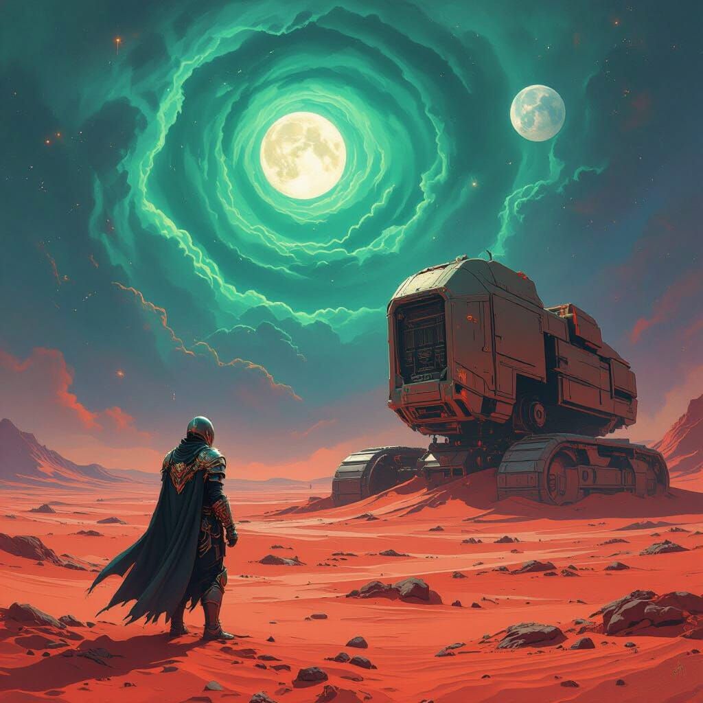 Warrior Gazes at Ancient Tractor on Alien World