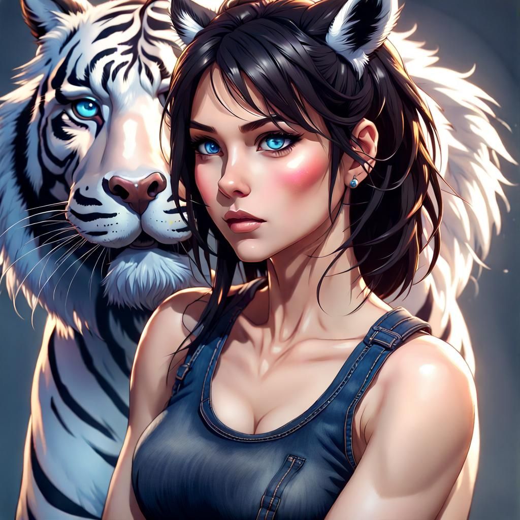 Anime Portrait of Woman with Tiger Ears and Tail