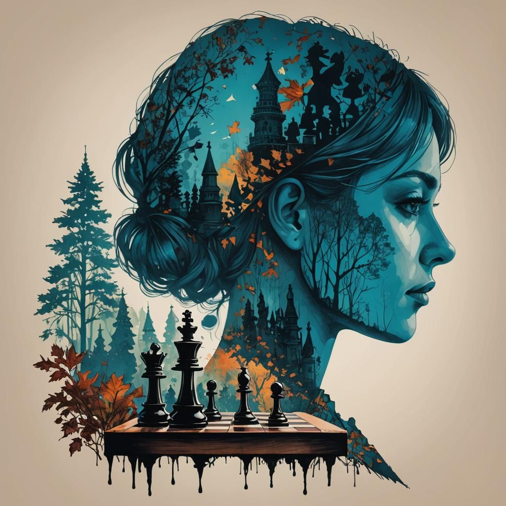 Double Exposure: Girl in Autumn Park, Detailed Drawing