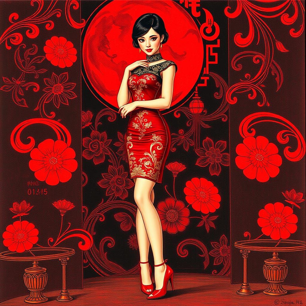 Chinese Pin-Up Beauty in Red and Gold