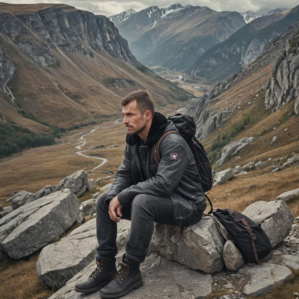 Man Contemplates Mountain Landscape: Photorealistic Portrait