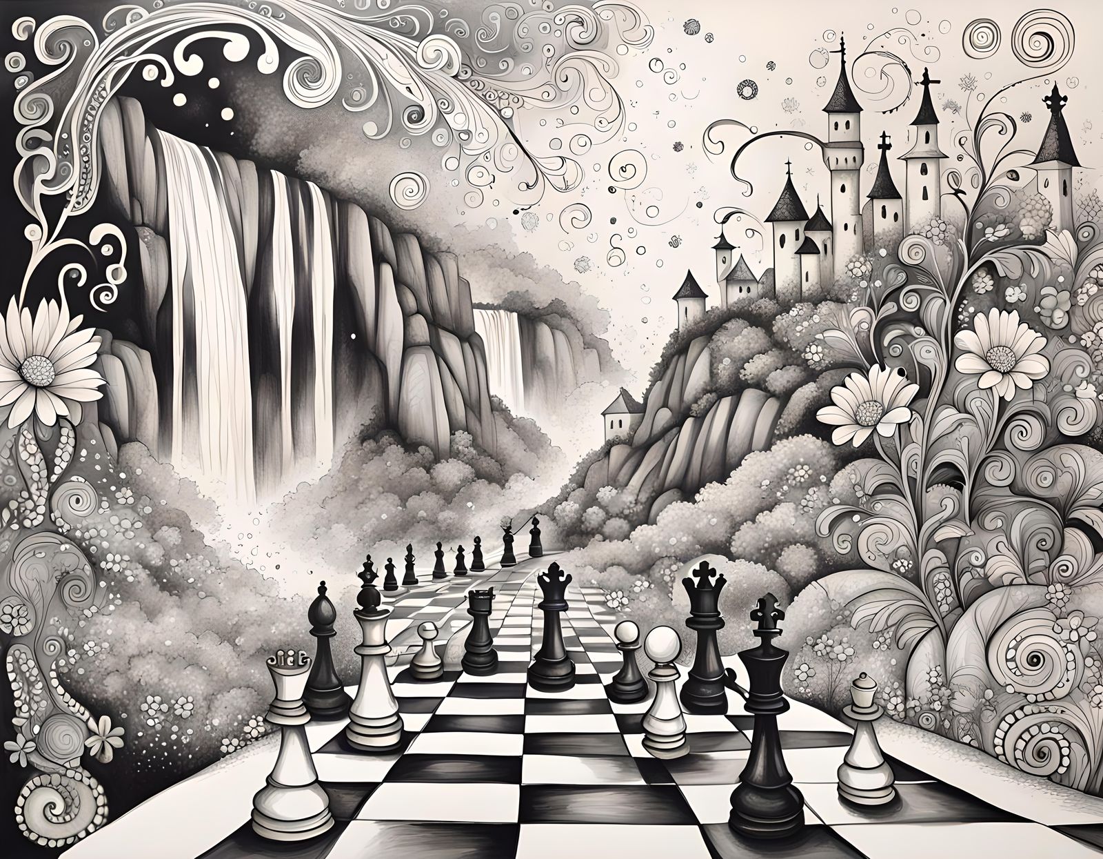 Surreal Chess Game with Sparkling Waterfall