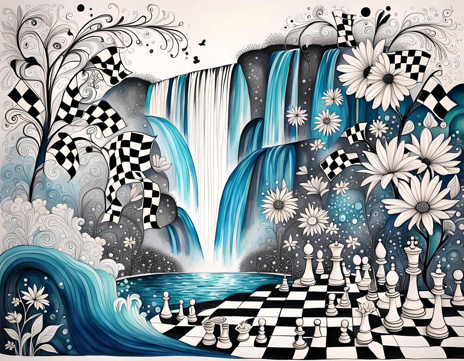 Whimsical Chess Game with Sparkling Waterfall