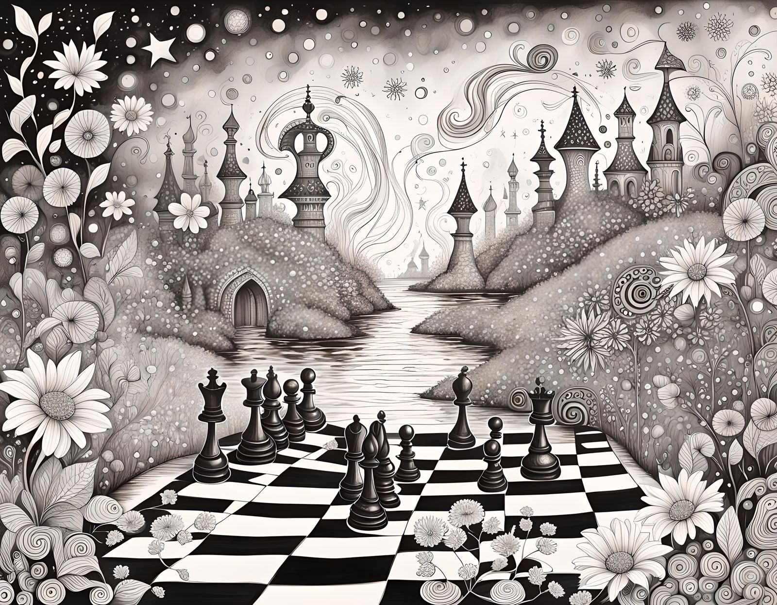 Chess Game Meets Sparkling Waterfall with Zentangle Flowers