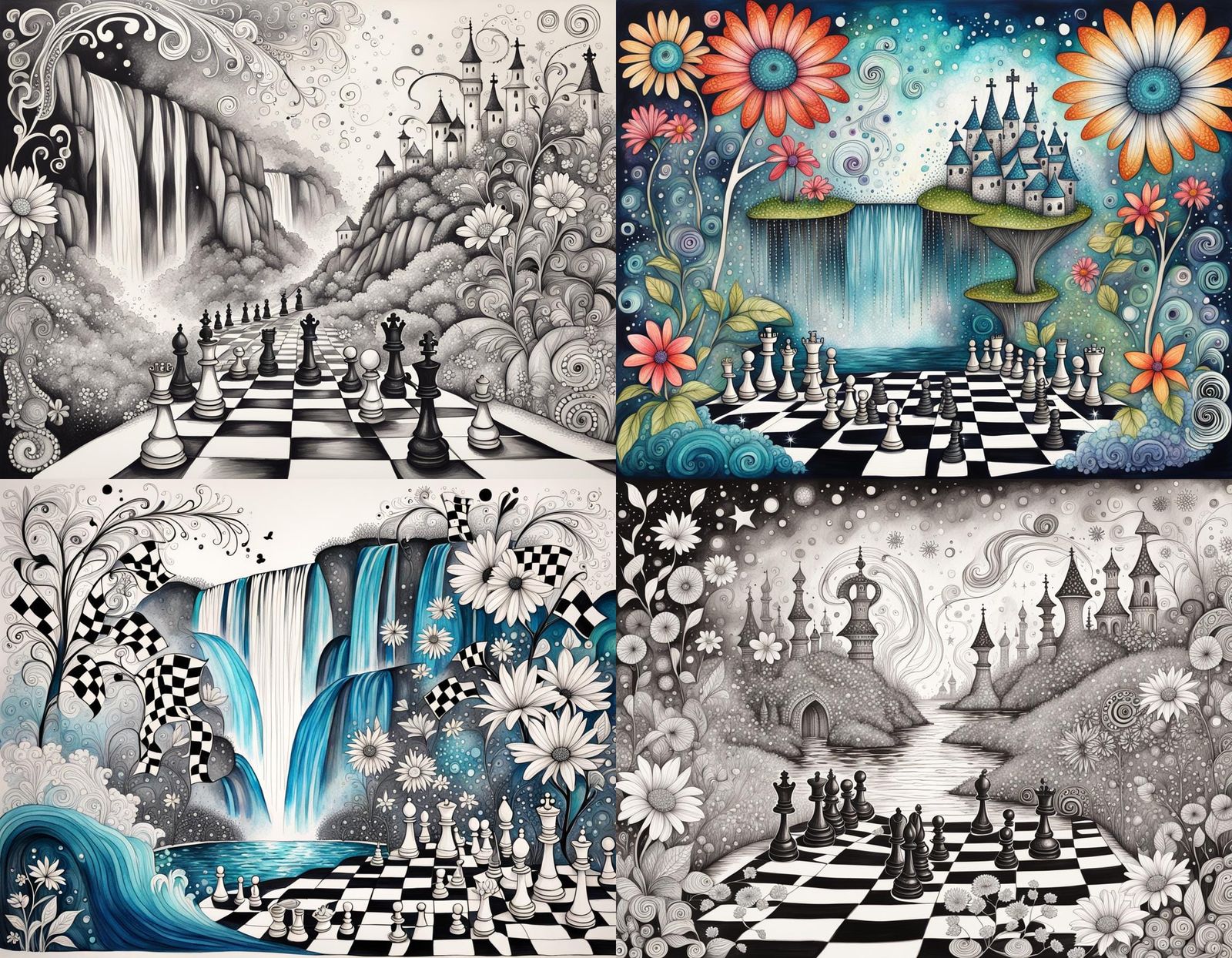 Chess Game with Sparkling Waterfall and Zentangle Flowers