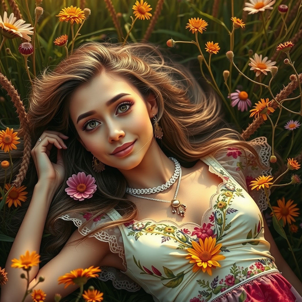 Woman in Wildflower Field: Pre-Raphaelite Style